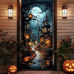 Halloween Door Cover – Haunted Castle by Moonlit Lake, Spooky Entrance Banner, Outdoor 2025 Halloween Decoration for Bedroom, Living Room, Bathroom