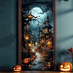 Halloween Door Cover – Haunted Castle by Moonlit Lake, Spooky Entrance Banner, Outdoor 2025 Halloween Decoration for Bedroom, Living Room, Bathroom