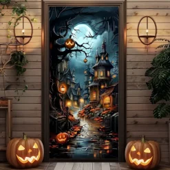 Halloween Door Cover – Haunted Castle by Moonlit Lake, Spooky Entrance Banner, Outdoor 2025 Halloween Decoration for Bedroom, Living Room, Bathroom