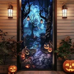Halloween Door Cover – Haunted Castle by Moonlit Lake, Spooky Entrance Banner, Outdoor 2025 Halloween Decoration for Bedroom, Living Room, Bathroom