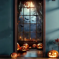 Halloween Door Cover – Haunted House Corridor with Blue Moonlight, Spooky Entrance Banner, Scary Outdoor 2025 Halloween Decoration for Bedroom, Living Room, Bathroom