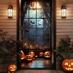 Halloween Door Cover – Haunted House Corridor with Blue Moonlight, Spooky Entrance Banner, Scary Outdoor 2025 Halloween Decoration for Bedroom, Living Room, Bathroom