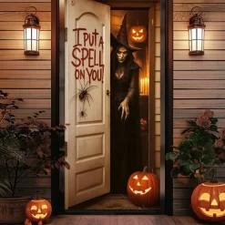Halloween Door Cover – "I Put a Spell on You" Creepy Door Scene, Haunted House Entrance Banner, Scary Outdoor & Indoor Decoration for 2025 Halloween Bedroom, Living Room, Bathroom