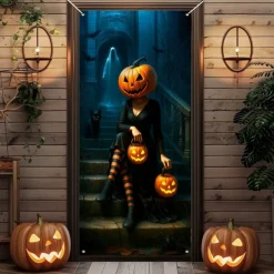 Halloween Door Cover – Pumpkin Head Woman with Jack-o'-Lanterns, Haunted House Entrance Banner, Scary Outdoor & Indoor Decoration for 2025 Halloween Bedroom, Living Room, Bathroom