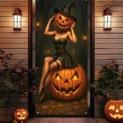 Halloween Door Cover – Pumpkin Head Woman with Jack-o'-Lanterns, Haunted House Entrance Banner, Scary Outdoor & Indoor Decoration for 2025 Halloween Bedroom, Living Room, Bathroom