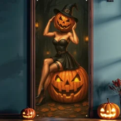 Halloween Door Cover – Pumpkin Head Woman with Jack-o'-Lanterns, Haunted House Entrance Banner, Scary Outdoor & Indoor Decoration for 2025 Halloween Bedroom, Living Room, Bathroom