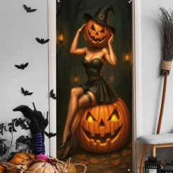 Halloween Door Cover – Pumpkin Head Woman with Jack-o'-Lanterns, Haunted House Entrance Banner, Scary Outdoor & Indoor Decoration for 2025 Halloween Bedroom, Living Room, Bathroom