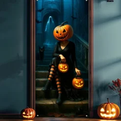 Halloween Door Cover – Pumpkin Head Woman with Jack-o'-Lanterns, Haunted House Entrance Banner, Scary Outdoor & Indoor Decoration for 2025 Halloween Bedroom, Living Room, Bathroom