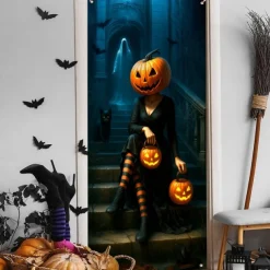 Halloween Door Cover – Pumpkin Head Woman with Jack-o'-Lanterns, Haunted House Entrance Banner, Scary Outdoor & Indoor Decoration for 2025 Halloween Bedroom, Living Room, Bathroom