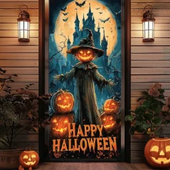 Halloween Door Cover – Pumpkin Head Scarecrow Under Full Moon, Haunted House Entrance Banner, Creepy Outdoor 2025 Halloween Decoration for Bedroom, Living Room, Bathroom