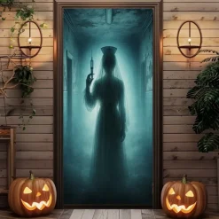 Halloween Door Cover – Shadowy Ghostly Figure in Fog, Haunted House Entrance Banner, Creepy Outdoor 2025 Halloween Decoration for Bedroom, Living Room, Bathroom