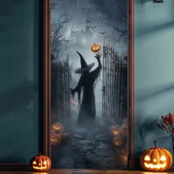 Halloween Door Cover – Silhouette of Witch in Fiery Portal, Haunted House Entrance Banner, Scary Outdoor 2025 Halloween Decoration for Bedroom, Living Room, Bathroom