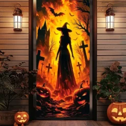 Halloween Door Cover – Silhouette of Witch in Fiery Portal, Haunted House Entrance Banner, Scary Outdoor 2025 Halloween Decoration for Bedroom, Living Room, Bathroom