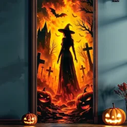 Halloween Door Cover – Silhouette of Witch in Fiery Portal, Haunted House Entrance Banner, Scary Outdoor 2025 Halloween Decoration for Bedroom, Living Room, Bathroom