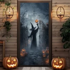 Halloween Door Cover – Silhouette of Witch in Fiery Portal, Haunted House Entrance Banner, Scary Outdoor 2025 Halloween Decoration for Bedroom, Living Room, Bathroom