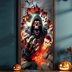 Halloween Door Cover – Skeleton Grim Reaper in Flames, Haunted House Entrance Banner, Horror Outdoor 2025 Halloween Decoration for Bedroom, Living Room, Bathroom