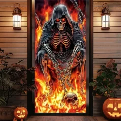Halloween Door Cover – Skeleton Grim Reaper in Flames, Haunted House Entrance Banner, Horror Outdoor 2025 Halloween Decoration for Bedroom, Living Room, Bathroom