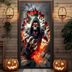Halloween Door Cover – Skeleton Grim Reaper in Flames, Haunted House Entrance Banner, Horror Outdoor 2025 Halloween Decoration for Bedroom, Living Room, Bathroom