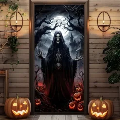 Halloween Door Cover – Skeleton Grim Reaper in Flames, Haunted House Entrance Banner, Horror Outdoor 2025 Halloween Decoration for Bedroom, Living Room, Bathroom