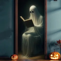 Halloween Door Cover – Spooky Ghost in Chair, Haunted House Entrance Banner, Scary Outdoor & Indoor Decoration for 2025 Halloween Bedroom, Living Room, Bathroom