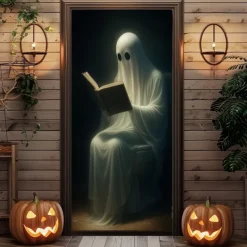 Halloween Door Cover – Spooky Ghost in Chair, Haunted House Entrance Banner, Scary Outdoor & Indoor Decoration for 2025 Halloween Bedroom, Living Room, Bathroom