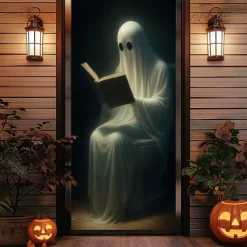Halloween Door Cover – Spooky Ghost in Chair, Haunted House Entrance Banner, Scary Outdoor & Indoor Decoration for 2025 Halloween Bedroom, Living Room, Bathroom