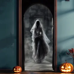 Halloween Door Cover – Spooky Ghost Bride Under Full Moon, Haunted House Entrance Banner, Creepy Outdoor 2025 Halloween Decoration for Bedroom, Living Room, Bathroom