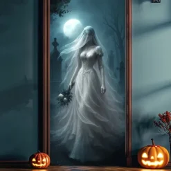 Halloween Door Cover – Spooky Ghost Bride Under Full Moon, Haunted House Entrance Banner, Creepy Outdoor 2025 Halloween Decoration for Bedroom, Living Room, Bathroom