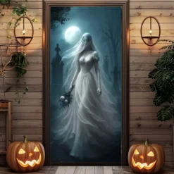 Halloween Door Cover – Spooky Ghost Bride Under Full Moon, Haunted House Entrance Banner, Creepy Outdoor 2025 Halloween Decoration for Bedroom, Living Room, Bathroom