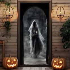 Halloween Door Cover – Spooky Ghost Bride Under Full Moon, Haunted House Entrance Banner, Creepy Outdoor 2025 Halloween Decoration for Bedroom, Living Room, Bathroom