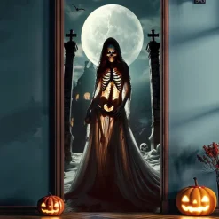Halloween Door Cover – Spooky Ghost Bride Under Full Moon, Haunted House Entrance Banner, Creepy Outdoor 2025 Halloween Decoration for Bedroom, Living Room, Bathroom
