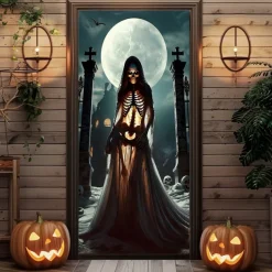 Halloween Door Cover – Spooky Ghost Bride Under Full Moon, Haunted House Entrance Banner, Creepy Outdoor 2025 Halloween Decoration for Bedroom, Living Room, Bathroom