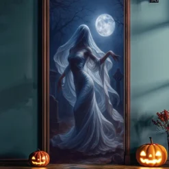 Halloween Door Cover – Spooky Ghost Bride Under Full Moon, Haunted House Entrance Banner, Creepy Outdoor 2025 Halloween Decoration for Bedroom, Living Room, Bathroom