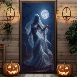 Halloween Door Cover – Spooky Ghost Bride Under Full Moon, Haunted House Entrance Banner, Creepy Outdoor 2025 Halloween Decoration for Bedroom, Living Room, Bathroom