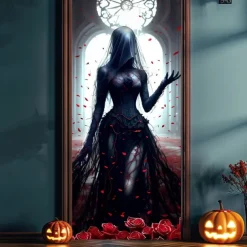 Halloween Door Cover – Spooky Ghost Bride Under Full Moon, Haunted House Entrance Banner, Creepy Outdoor 2025 Halloween Decoration for Bedroom, Living Room, Bathroom