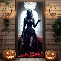 Halloween Door Cover – Spooky Ghost Bride Under Full Moon, Haunted House Entrance Banner, Creepy Outdoor 2025 Halloween Decoration for Bedroom, Living Room, Bathroom
