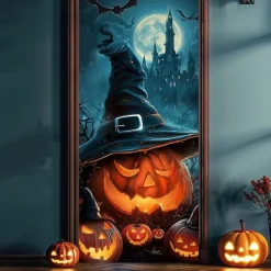Halloween Door Cover – Stacked Pumpkins with Witch Hat and "Happy Halloween" Sign, Haunted House Entrance Banner, Outdoor 2025 Halloween Decoration for Bedroom, Living Room, Bathroom
