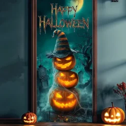 Halloween Door Cover – Stacked Pumpkins with Witch Hat and "Happy Halloween" Sign, Haunted House Entrance Banner, Outdoor 2025 Halloween Decoration for Bedroom, Living Room, Bathroom