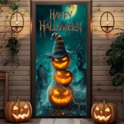Halloween Door Cover – Stacked Pumpkins with Witch Hat and 