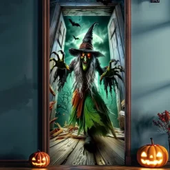 Halloween Door Cover – Wicked Green Witch Flying with Bats, Haunted House Entrance Banner, Scary Outdoor 2025 Halloween Decoration for Bedroom, Living Room, Bathroom