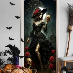 Halloween Door Cover – Witch with Red Roses, Haunted House Entrance Banner, Scary Outdoor & Indoor Decoration for 2025 Halloween Bedroom, Living Room, Bathroom