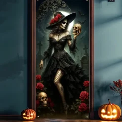 Halloween Door Cover – Witch with Red Roses, Haunted House Entrance Banner, Scary Outdoor & Indoor Decoration for 2025 Halloween Bedroom, Living Room, Bathroom