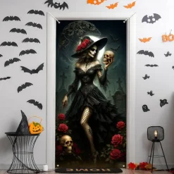 Halloween Door Cover – Witch with Red Roses, Haunted House Entrance Banner, Scary Outdoor & Indoor Decoration for 2025 Halloween Bedroom, Living Room, Bathroom