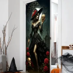 Halloween Door Cover – Witch with Red Roses, Haunted House Entrance Banner, Scary Outdoor & Indoor Decoration for 2025 Halloween Bedroom, Living Room, Bathroom