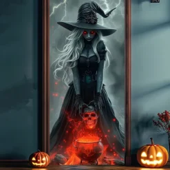 Halloween Door Cover – Witch Holding Glowing Pumpkin Lantern, Haunted House Entrance Banner, Creepy Outdoor 2025 Halloween Decoration for Bedroom, Living Room, Bathroom