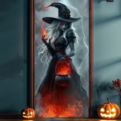 Halloween Door Cover – Witch Holding Glowing Pumpkin Lantern, Haunted House Entrance Banner, Creepy Outdoor 2025 Halloween Decoration for Bedroom, Living Room, Bathroom