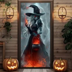 Halloween Door Cover – Witch Holding Glowing Pumpkin Lantern, Haunted House Entrance Banner, Creepy Outdoor 2025 Halloween Decoration for Bedroom, Living Room, Bathroom