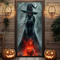 Halloween Door Cover – Witch Holding Glowing Pumpkin Lantern, Haunted House Entrance Banner, Creepy Outdoor 2025 Halloween Decoration for Bedroom, Living Room, Bathroom