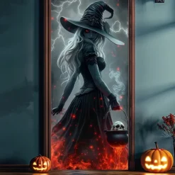 Halloween Door Cover – Witch Holding Glowing Pumpkin Lantern, Haunted House Entrance Banner, Creepy Outdoor 2025 Halloween Decoration for Bedroom, Living Room, Bathroom