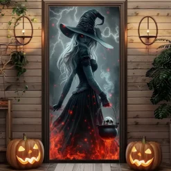 Halloween Door Cover – Witch Holding Glowing Pumpkin Lantern, Haunted House Entrance Banner, Creepy Outdoor 2025 Halloween Decoration for Bedroom, Living Room, Bathroom